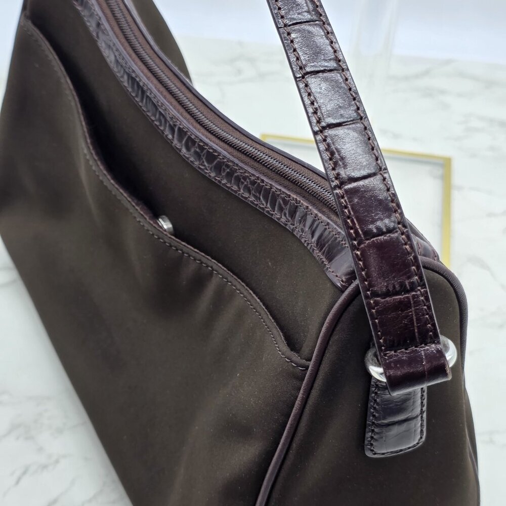 Brighton Shoulder Bag Brown Crocodile Nylon Embossed Leather Trim Purse Zip - Picture 3 of 12